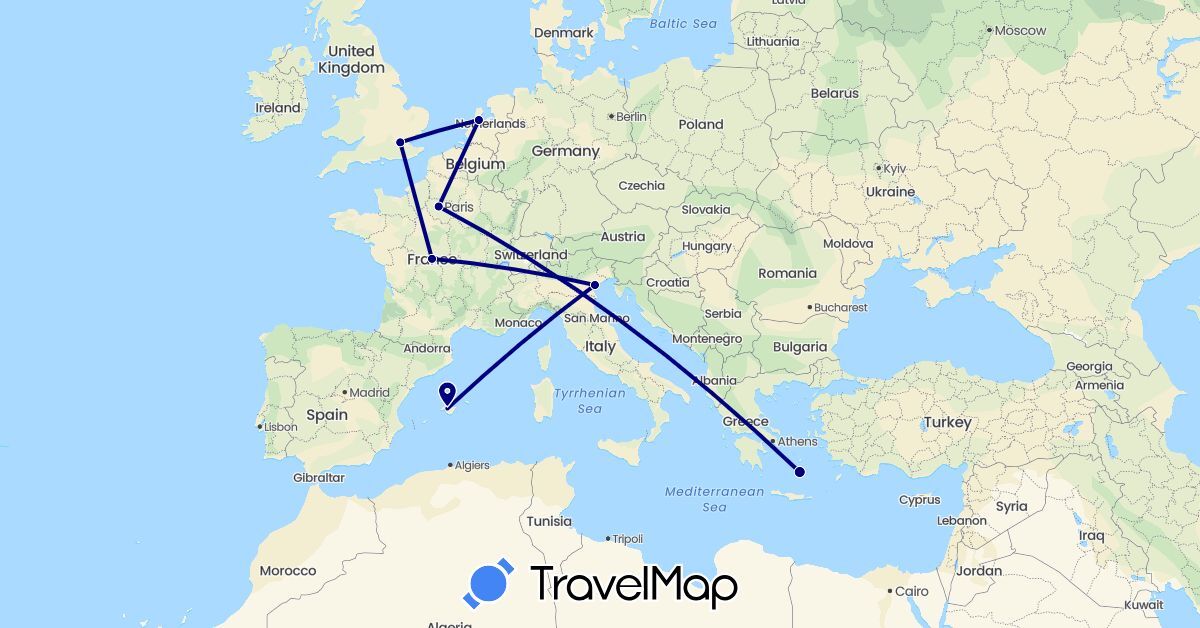 TravelMap itinerary: driving in Spain, France, United Kingdom, Greece, Italy, Netherlands (Europe)